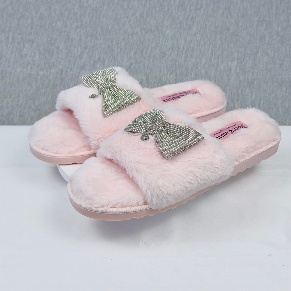 Juicy Couture Hashanti Pink Faux‎ Fur Rhinestone Bow Slide Slippers Womens 10